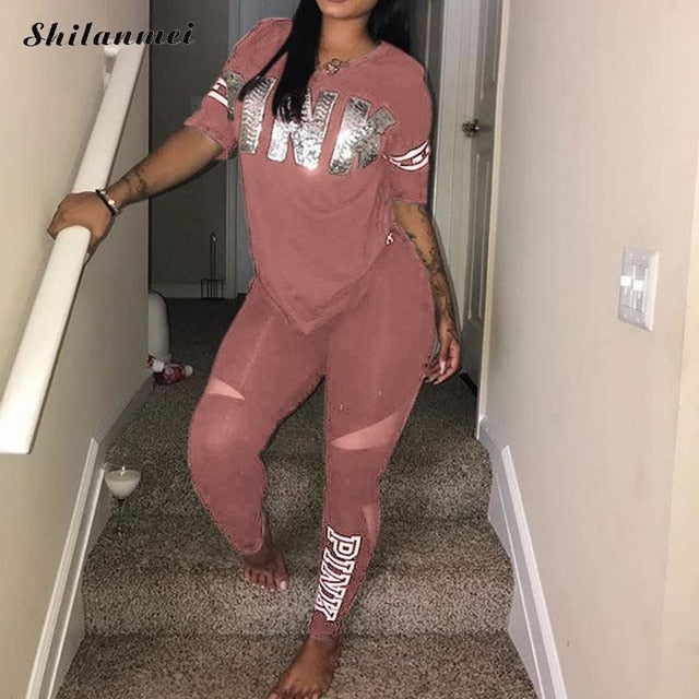 Casual 2 peça define feminino rosa conjunto de fatos de treino letra impressão plus size sweatsuit 3xl topo ans calças magras de duas peças sportsuits