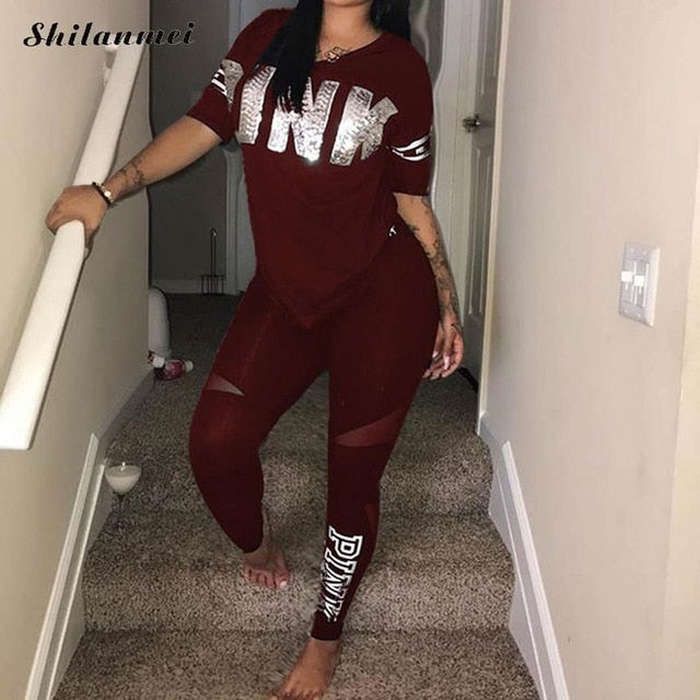 Casual 2 peça define feminino rosa conjunto de fatos de treino letra impressão plus size sweatsuit 3xl topo ans calças magras de duas peças sportsuits