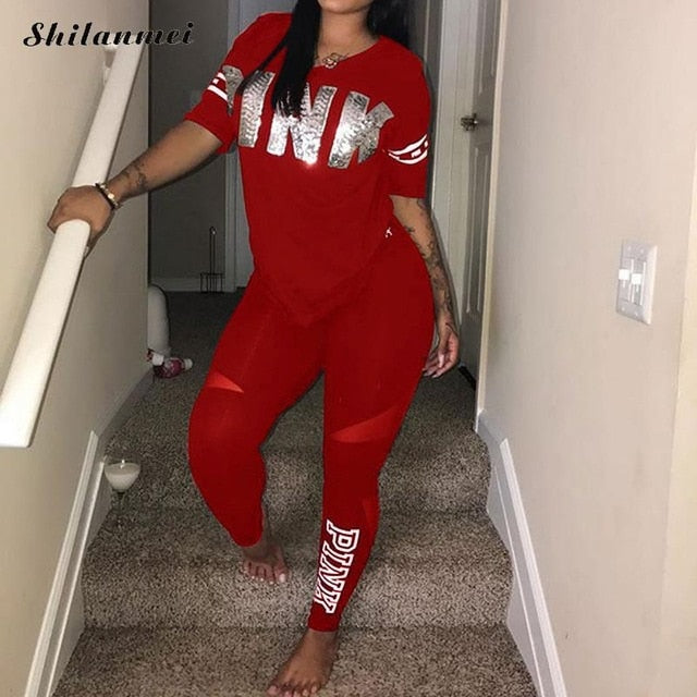 Casual 2 peça define feminino rosa conjunto de fatos de treino letra impressão plus size sweatsuit 3xl topo ans calças magras de duas peças sportsuits