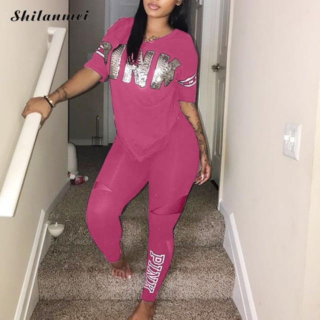 Casual 2 peça define feminino rosa conjunto de fatos de treino letra impressão plus size sweatsuit 3xl topo ans calças magras de duas peças sportsuits