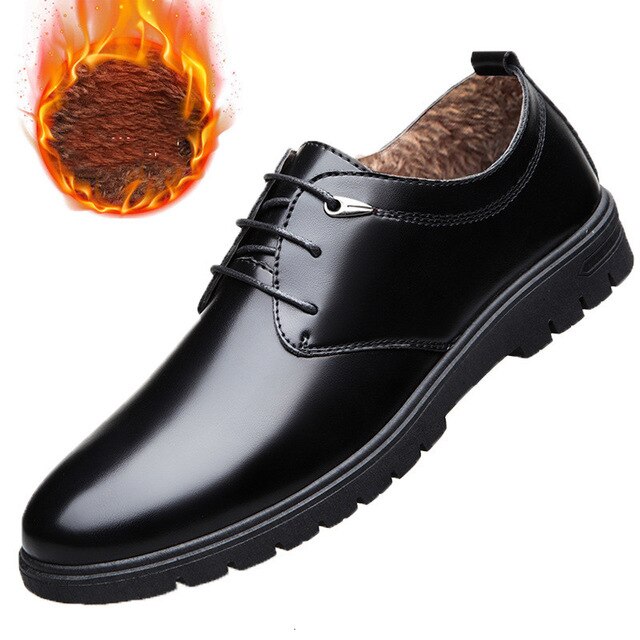British Men Dress Shoes Spring Autumn Male Leather Flats Business Casual Mans Footwear Round Toe Lace Up Derby Shoes With Fur