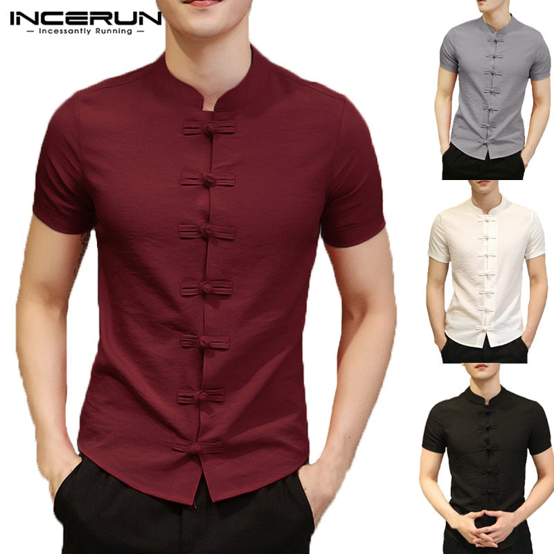 2020 Vintage Mens Shirts Dress Short Sleeve Button Down Slim Fit Summer Chinese Style Tee Tops Male Clothing Camisas Masculina