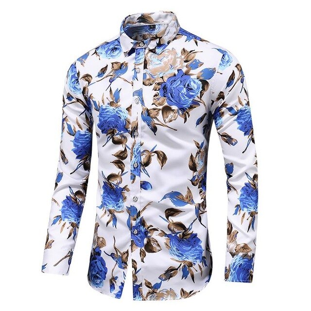 Hawaiian Shirt Men's clothing Long sleeve Fashion Floral Blouse Men Flower Mens dress Shirts Social New