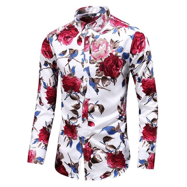 Hawaiian Shirt Men's clothing Long sleeve Fashion Floral Blouse Men Flower Mens dress Shirts Social New
