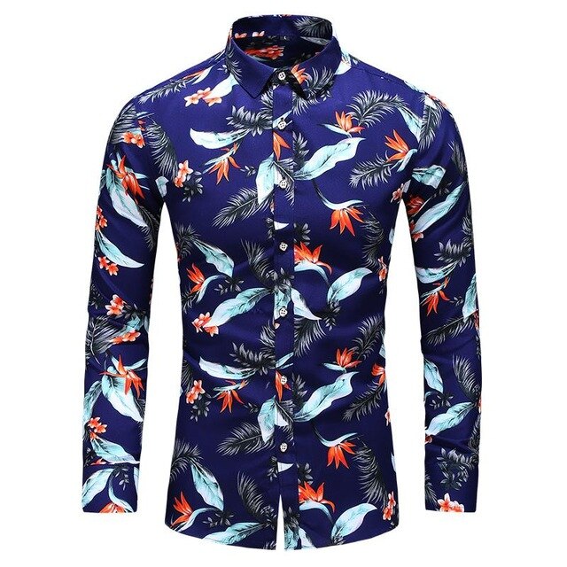 Hawaiian Shirt Men's clothing Long sleeve Fashion Floral Blouse Men Flower Mens dress Shirts Social New