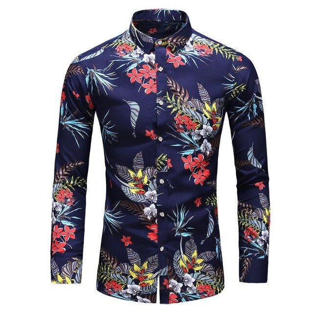 Hawaiian Shirt Men's clothing Long sleeve Fashion Floral Blouse Men Flower Mens dress Shirts Social New