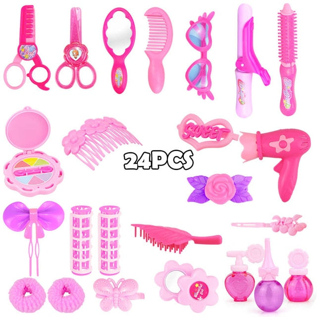 24-32PCS Pretend Play Kid Make Up Toys Pink Makeup Set Princess Hairdressing Simulation Plastic Toy For Girls Dressing Cosmetic