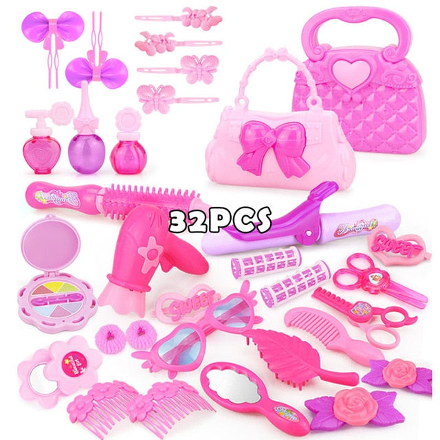 24-32PCS Pretend Play Kid Make Up Toys Pink Makeup Set Princess Hairdressing Simulation Plastic Toy For Girls Dressing Cosmetic