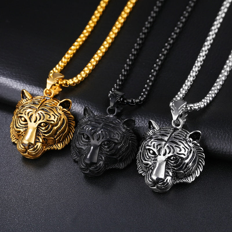 Hip Hop Rock Gold Silver Color Stainless Steel Animal Tiger Head Pendant Necklace for Men Jewerly with 24" Chain