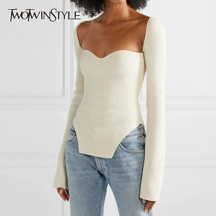 TWOTWINSTYLE White Side Split Knitted Women&#39;s Sweater Square Collar Long Sleeve Sweaters Female Autumn Fashion New Clothes 2022