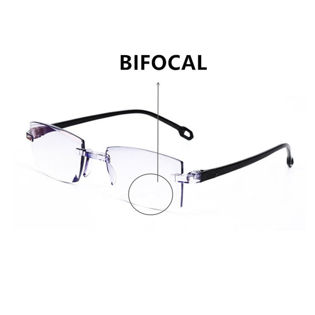 Men Women Rimless Reading Glasses Bifocal Far Near Anti Blue Light Magnification Eyewear Presbyopic Glasses Diopter +150 TR90