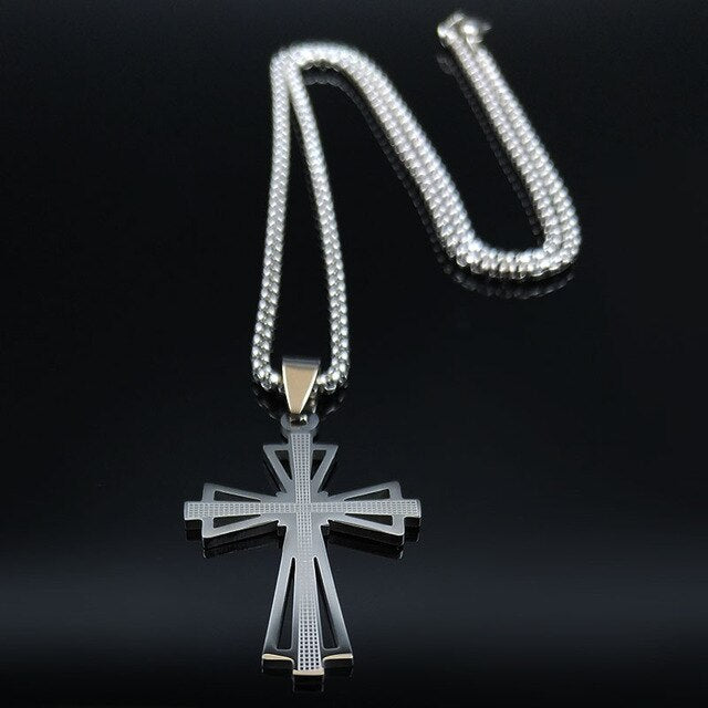 2020 Fashion Big Long Cross Stainless Steel Necklaces Pendants for Men Silver Necklace Jewerly cadenas para hombre N1165S02