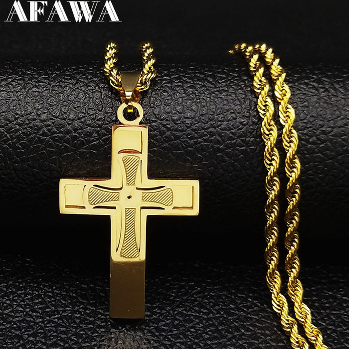 2020 Fashion Big Long Stainless Steel Necklace for Men Gold Color Cross Jesus Chain Necklace Jewerly kolye erkek N1172S03