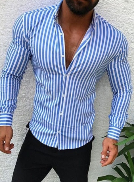 Meihuida 2020 Men's Casual Shirt Slim Fit Men's Casual Striped Shirt Long Sleeve Formal Dress Shirts Men Male Clothing