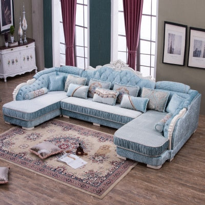 European-style Fabric Sofa Combination U-Shaped Small Living Room Solid Wood Corner Sofa Double Chaise Longue Style Sofa 1PC