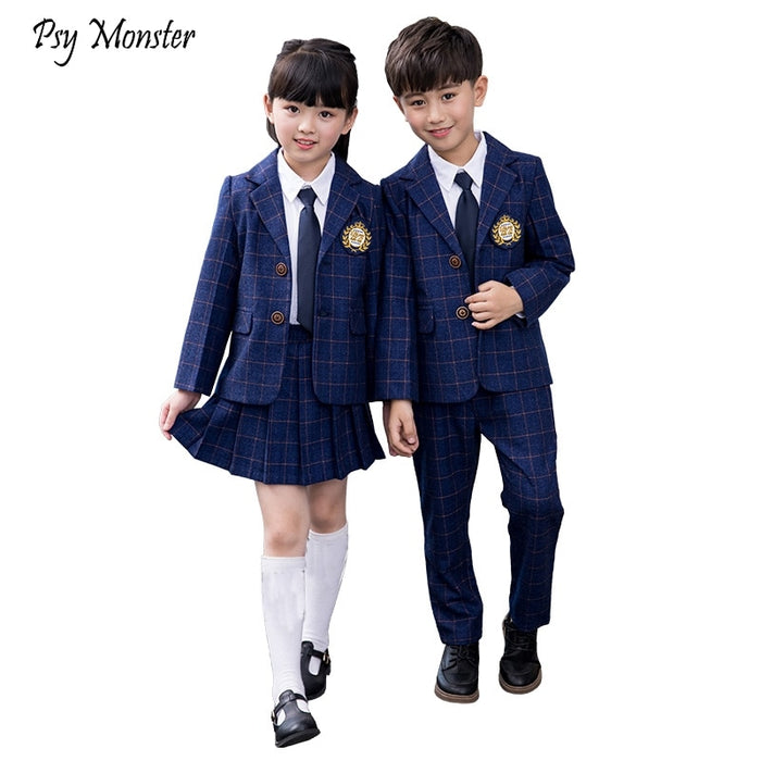 Children Class Suit Set Boys Girls College School Uniform Performance Costume  Kids Plaid Blazer Jackets Pants 2pcs Clothes Sets