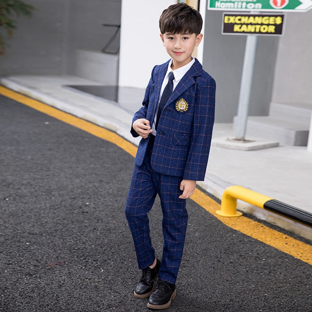 Children Class Suit Set Boys Girls College School Uniform Performance Costume  Kids Plaid Blazer Jackets Pants 2pcs Clothes Sets