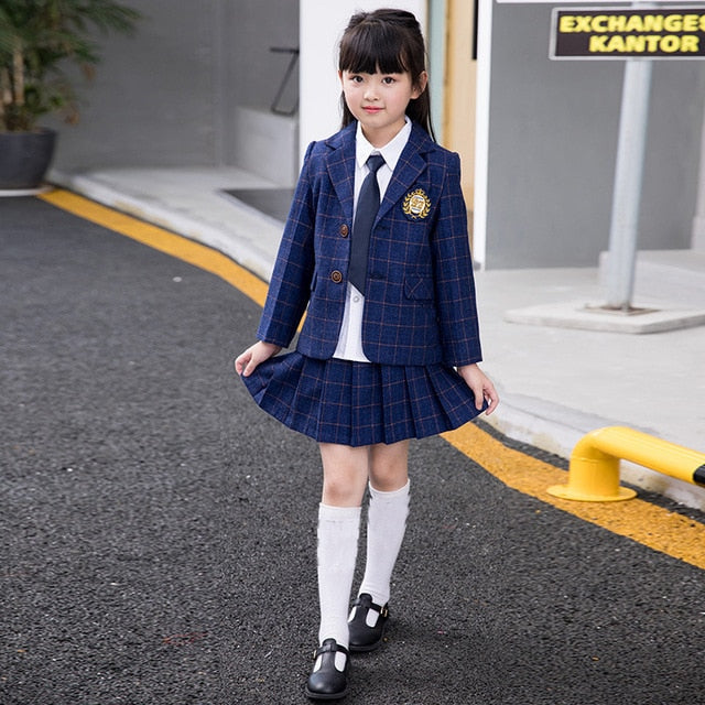 Children Class Suit Set Boys Girls College School Uniform Performance Costume  Kids Plaid Blazer Jackets Pants 2pcs Clothes Sets