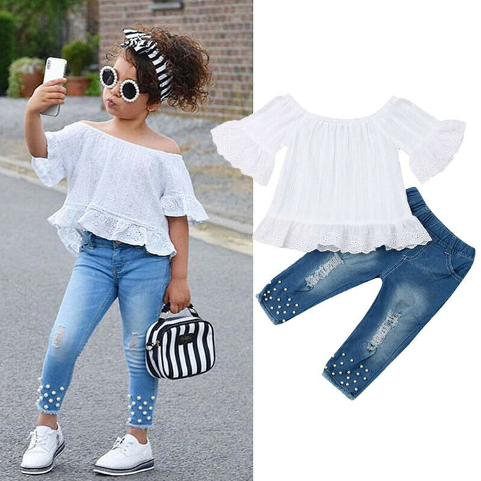 1-6T Kids Clothes Set Toddler Girls Outfit Summer Off Shoulder Flare Sleeve Top+Hollow Jeans Children Clothing Set 2pcs 2019