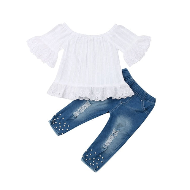 1-6T Kids Clothes Set Toddler Girls Outfit Summer Off Shoulder Flare Sleeve Top+Hollow Jeans Children Clothing Set 2pcs 2019