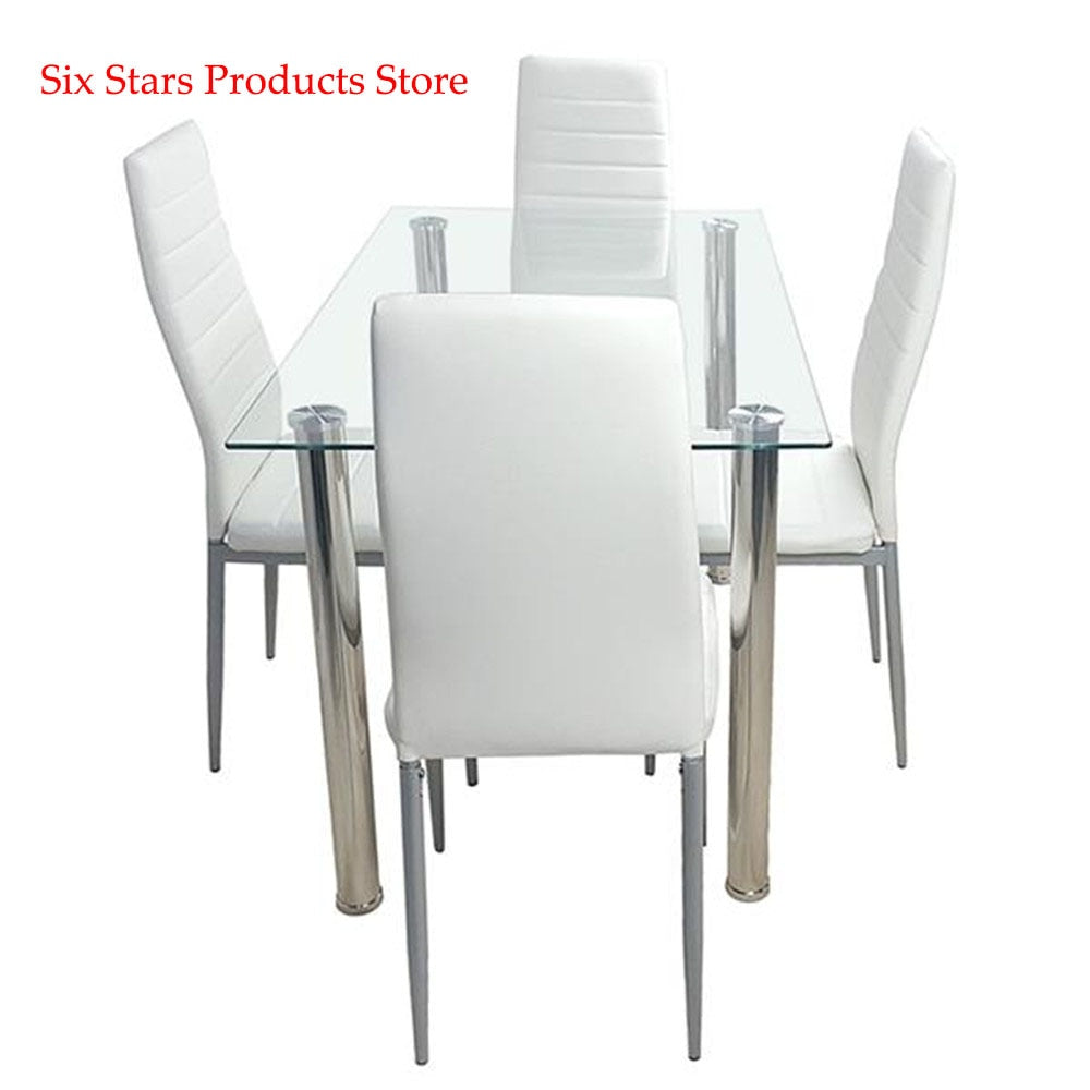 110cm Dining Table Set Tempered Glass Dining Table with 4pcs Chairs Transparent & Creamy White Dinning Desk