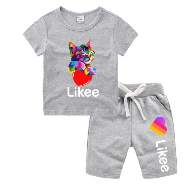 Little Boy Girl Cartoon Likee Cat Funny T shirt Shorts Set Kid Baby T-shirt Shorts Toddler Cotton Clothing Set,Drop Ship