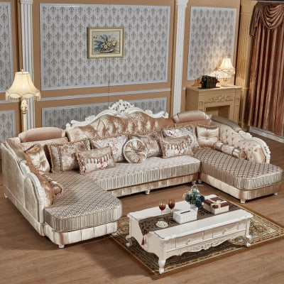 European-style Fabric Sofa Combination U-Shaped Small Living Room Solid Wood Corner Sofa Double Chaise Longue Style Sofa 1PC