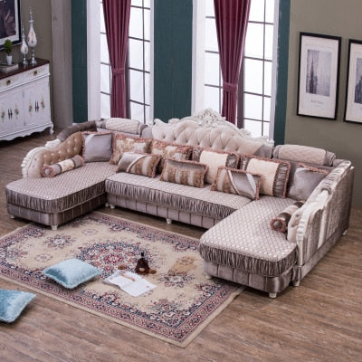 European-style Fabric Sofa Combination U-Shaped Small Living Room Solid Wood Corner Sofa Double Chaise Longue Style Sofa 1PC