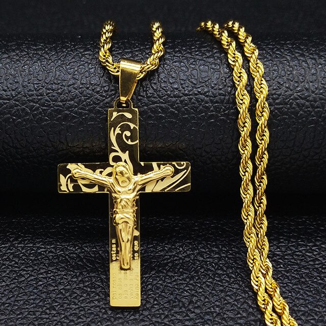 2020 Fashion Big Long Stainless Steel Necklace for Men Gold Color Cross Jesus Chain Necklace Jewerly kolye erkek N1172S03