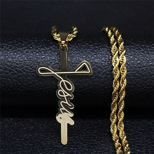 2020 Fashion Big Long Stainless Steel Necklace for Men Gold Color Cross Jesus Chain Necklace Jewerly kolye erkek N1172S03