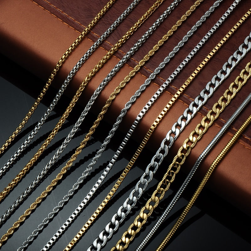 HIP 24inches Gold   Color Stainless Steel Cuban Link Chain Necklace For Men Jewerly Snake/Box/Hanging/Curb/Flat/Twist Chain