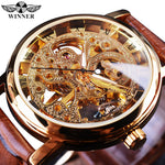 Winner Transparent Golden Case Luxury Casual Design Brown Leather Strap Mens Watches Top Brand Luxury Mechanical Skeleton Watch