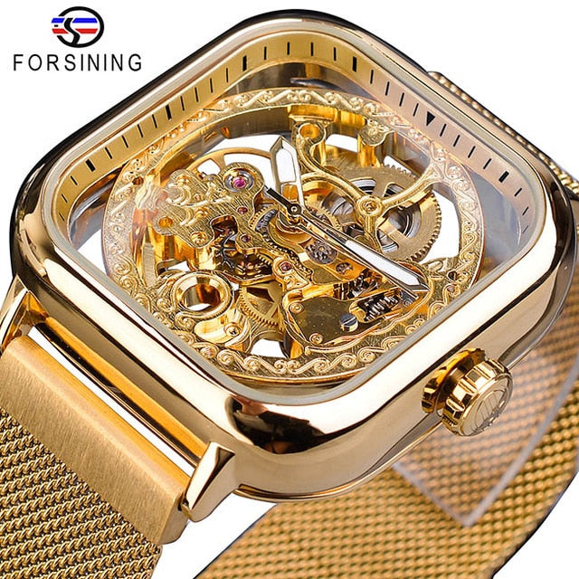 Forsining Men Mechanical Watches Automatic Self-Wind Golden Transparent Fashion Mesh Steel Wristwatch Skeleton Man Male Hot Hour