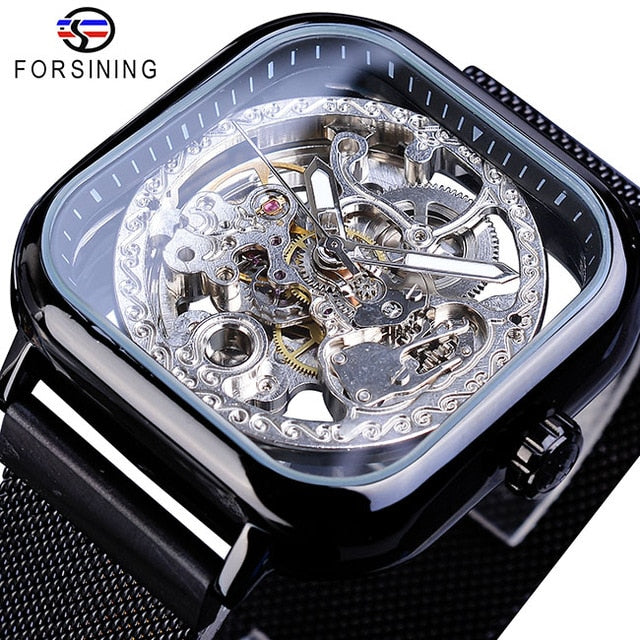 Forsining Men Mechanical Watches Automatic Self-Wind Golden Transparent Fashion Mesh Steel Wristwatch Skeleton Man Male Hot Hour