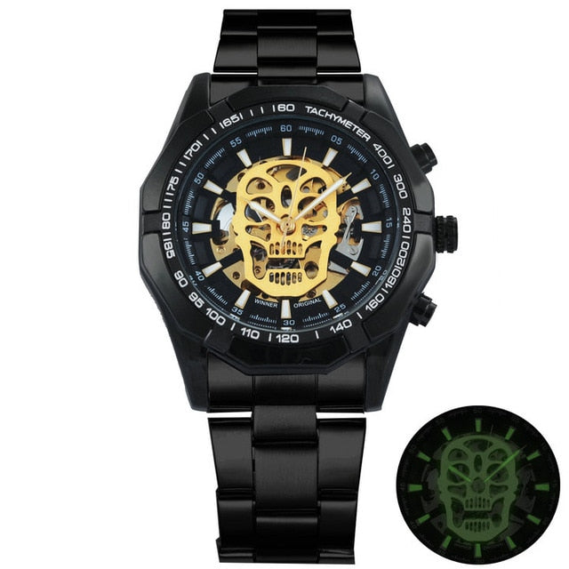 Vencedor oficial ouro relógio automático men cinta de aço esqueleto crânio mecânico relógios marca superior luxo dropshipping atacado