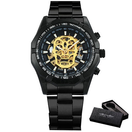 Vencedor oficial ouro relógio automático men cinta de aço esqueleto crânio mecânico relógios marca superior luxo dropshipping atacado