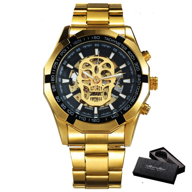 Vencedor oficial ouro relógio automático men cinta de aço esqueleto crânio mecânico relógios marca superior luxo dropshipping atacado