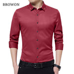 BROWON Brand Silky Formal Shirt Men Classic Business Long Sleeve Solid Color Embroidery Collar Slim Fit Shirt Brand-clothing