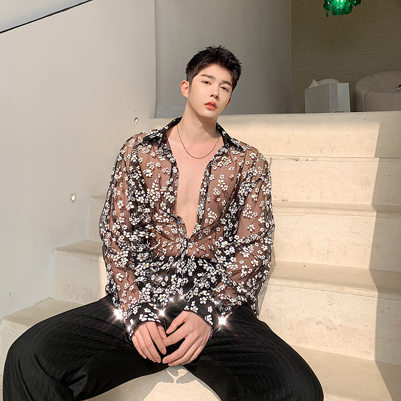 Men See Through Long Sleeve Casual Thin Flower Shirt Male Vintage Fashion Streetstyle Loose Dress Shirts Stage Show Clothing