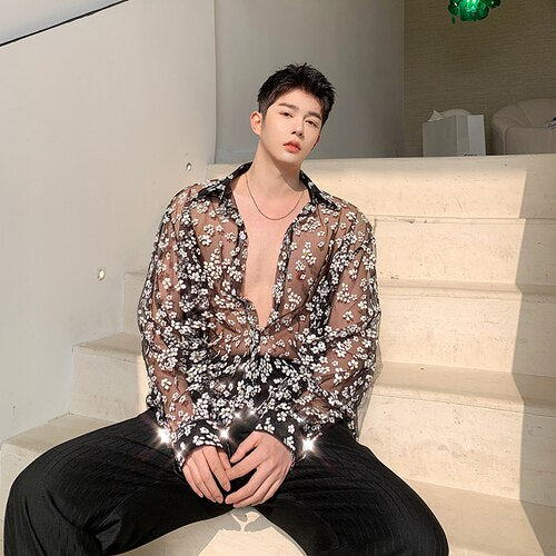 Men See Through Long Sleeve Casual Thin Flower Shirt Male Vintage Fashion Streetstyle Loose Dress Shirts Stage Show Clothing