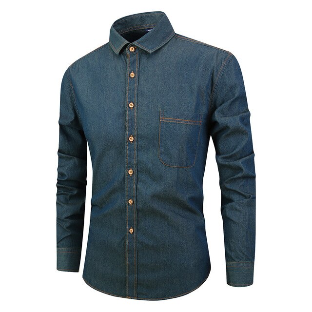 Denim dress shirt men fit version cowboy shirt long sleeve solid Slim Fit Business Casual Shirt blue streetwear men's clothing