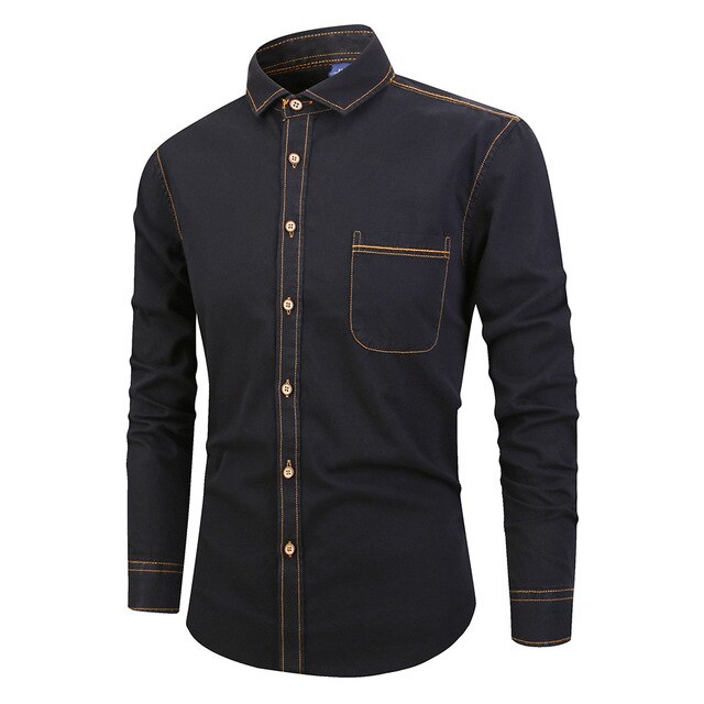 Denim dress shirt men fit version cowboy shirt long sleeve solid Slim Fit Business Casual Shirt blue streetwear men's clothing
