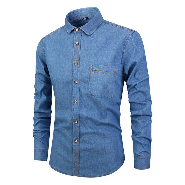 Denim dress shirt men fit version cowboy shirt long sleeve solid Slim Fit Business Casual Shirt blue streetwear men's clothing