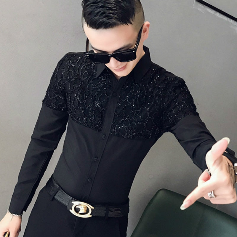2019 Lace Splice Shirts Men Dress Casual Slim Fit Long Sleeve Shirt Camisa Masculina Night Club Party Show Clothing Streetwear