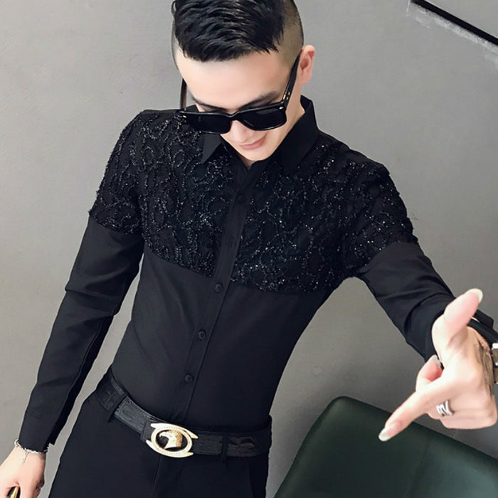 2019 Lace Splice Shirts Men Dress Casual Slim Fit Long Sleeve Shirt Camisa Masculina Night Club Party Show Clothing Streetwear