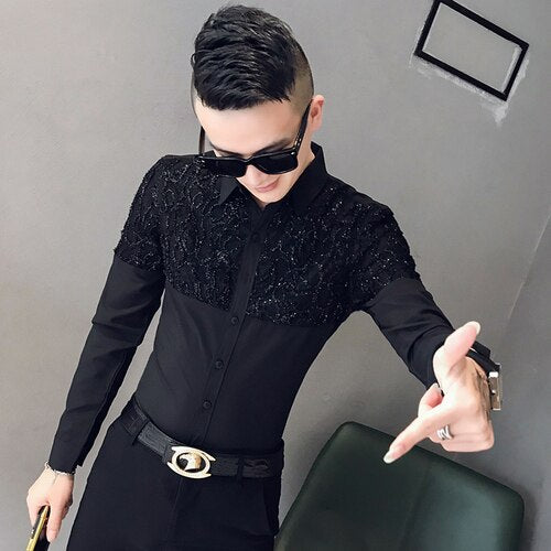 2019 Lace Splice Shirts Men Dress Casual Slim Fit Long Sleeve Shirt Camisa Masculina Night Club Party Show Clothing Streetwear