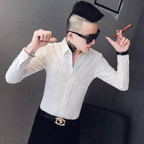 2019 Lace Splice Shirts Men Dress Casual Slim Fit Long Sleeve Shirt Camisa Masculina Night Club Party Show Clothing Streetwear