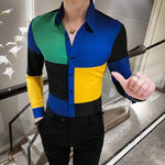 2020 Korean Patchwork Shirt Men Long Sleeve Slim Fit Casual Dress Shirts Spring Autumn Club Social Tuxedo Clothing Chemise Homme