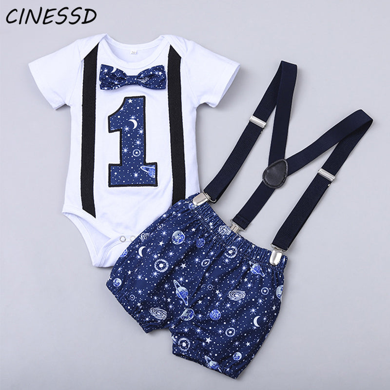 Baby Boy Clothes One Year Birthday Baby Costume Boys 1st Gentleman Tie Romper Straps Shorts Toddler Baby Clothing Set Outfits