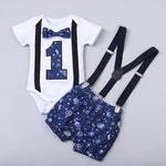 Baby Boy Clothes One Year Birthday Baby Costume Boys 1st Gentleman Tie Romper Straps Shorts Toddler Baby Clothing Set Outfits